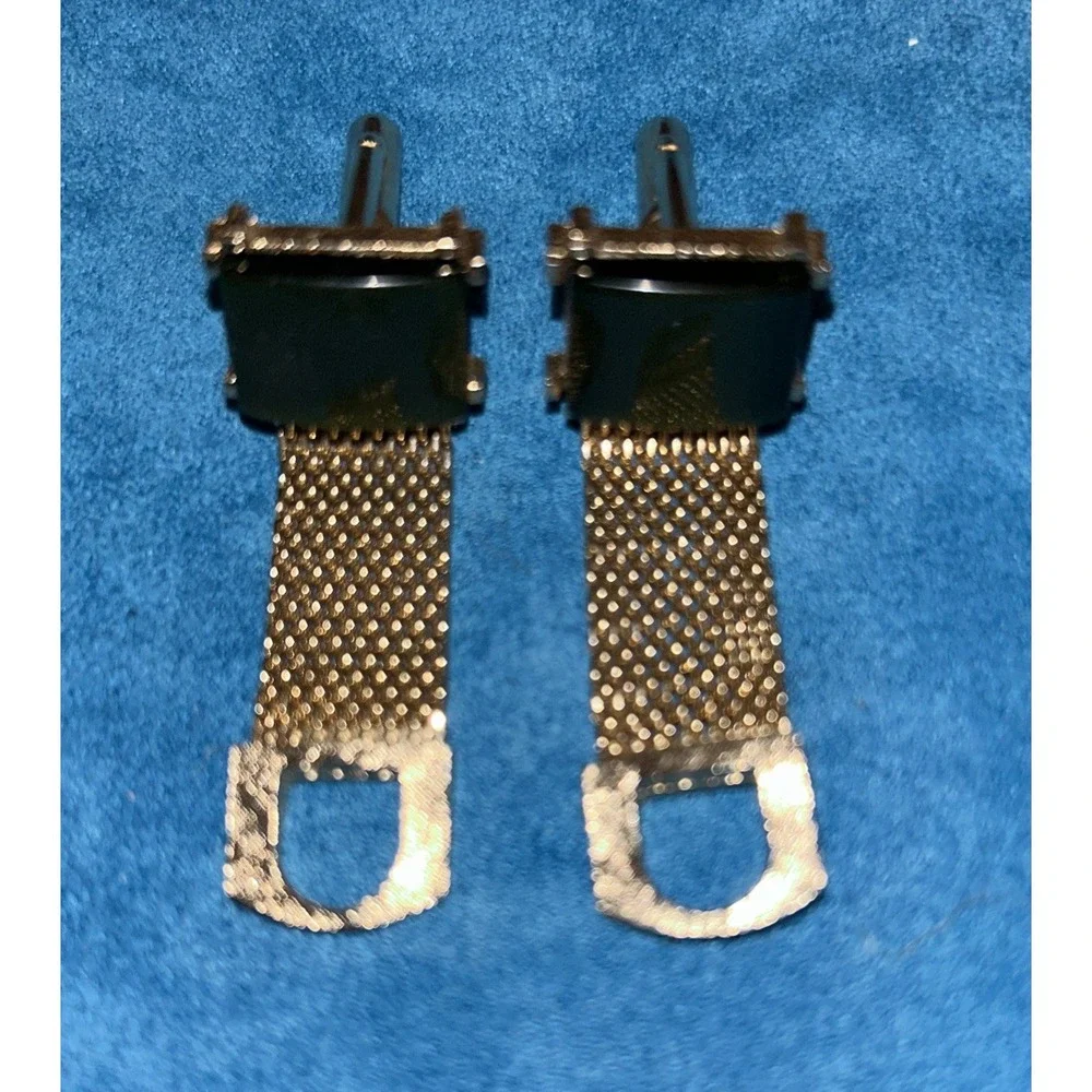 Vintage‎ Dante Dark Green Stone Cufflinks Gold Tone Mesh